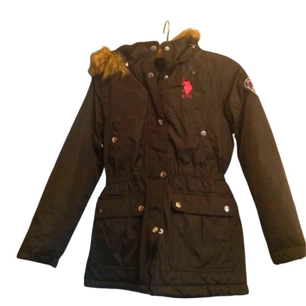 U.S. Polo Association Long Winter Black Hoodied Coat Girls 7 8 years